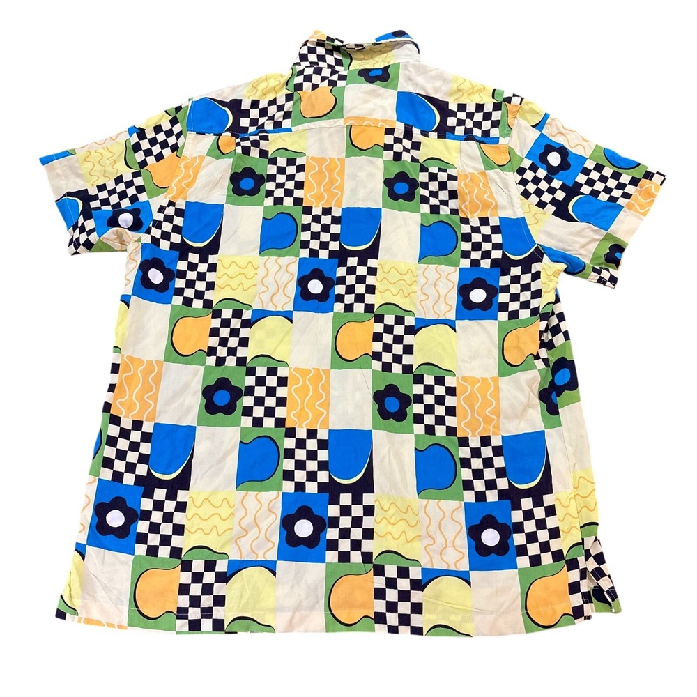 RSQ Button Up Shirt Mens Large Multicolor Geometric Patchwork Rayon Short Sleeve - Picture 3 of 7